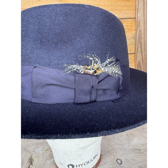 Stacy Adams Men's Large Fedora Hat Black Color 100% Wool With Feather On Side - Picture 2 of 13